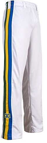 JLSPORT autentiska brasilianska capoeira kampsport unisex byxor (vit med Brasilien nationella färgade vertikala ränder ben)