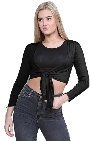 janisramone® Women's Cardigans, Plain Long Sleeve Bolero Cardigans for Women - Front Tie Cropped Cardigan, Perfect Shrug for Layering Over Summer Dresses Black