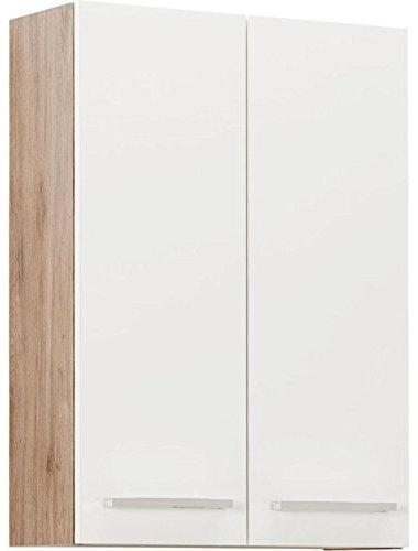 Pelipal Badezimmer Hängeschrank Quickset 380 in Weiß Glanz/Sanremo Eiche Terra Quer Nachbildung, 50 cm breit | Bad Wandschrank mit 2 Türen und 2 Einlegeböden