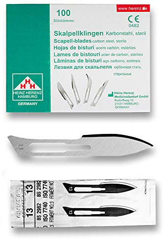 May 100 Stück Skalpellklingen Figur 13 für Skalpellhalter Nr. 3 - einzeln steril verpackt | Großes Schneidewerkzeug für Hobby und Kosmetik. Garantiert dauerhaft exakte Resultate.