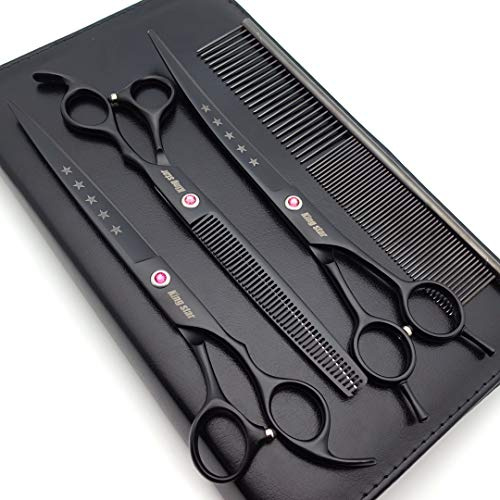 Kingstar 8.0in. Matt Black Professional Pet Grooming Scissors Set,Straight & Thinning & Curved Scissors Set with Comb,Dog Grooming,A559