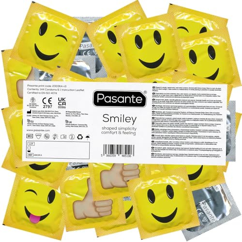 Pasante Smiley 144 Motiv-Kondome, witzige Kondome - ideal für Jugendliche, Junggesellenabschiede, als Geschenk für Männer - Vorratspackung, bedruckte Siegelfolien