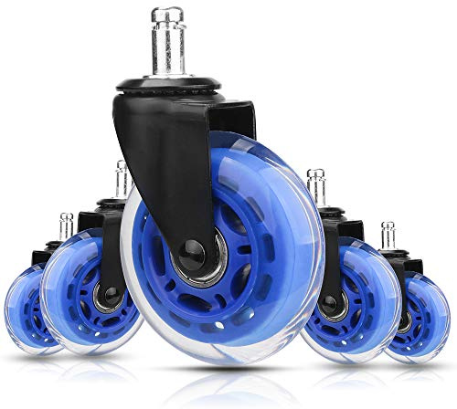 8T8 Replacement Office Chair Caster Wheels 3, Heavy Duty, Set of 5, Soft PU Rubber Casters, Safe for Hardwood Carpet Floors (Blue Transparent)