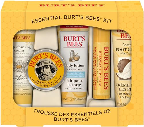Coffret Cadeau Essentiel Burt’s Bees, 5 produits de voyage - Crème nettoyante en profondeur, Baume pour les mains, Lotion pour le corps, Crème pour les pieds et Baume à lèvres