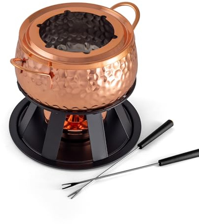 Swissmar Biel 11-Piece Copper-Plated Fondue Set – Hammered Finish – Ideal for Oil & Broth Cooking – Perfect for Entertaining, Kitchen Collections & Wedding Gifts – 2 Liter / 2.1 Quarts