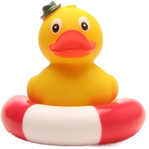 Duckshop I Steh-Badeente mit Hut im Schwimmring I Quietscheente I H: 8 cm I Quietscheentchen I Geschenk I Präsent für Sammler