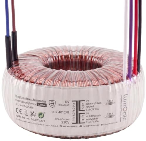 Lumonic transformateur toroïdal 1000VA 2x115V pour audio, industrie, halogènes et sur rails - 230V tension d'entrée - 230V tension secondaire - Modèle RTO-826073