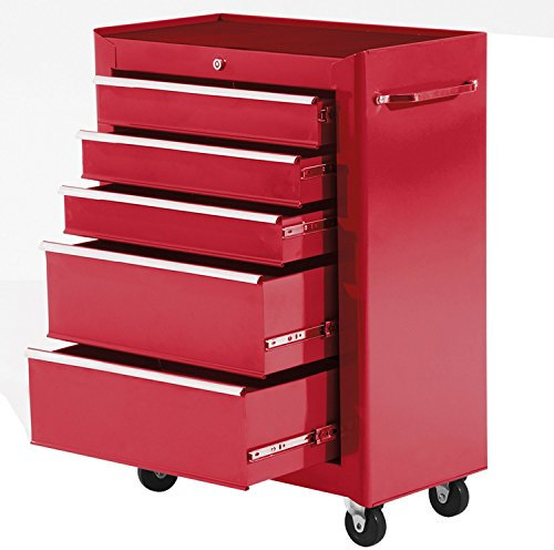 HOMCOM Carro Caja de Herramientas Taller Movil 5 Cajones 4 Ruedas Cerradura Color Rojo