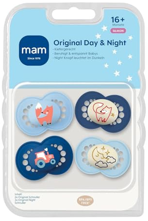 MAM Day & Night Silikon Schnuller 16 + // 4er Set // inkl. 2 Sterilisiertrasportboxen