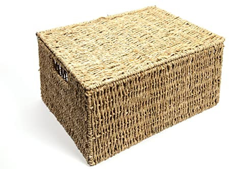 Woodluv Storage Boxes With Lids, Storage Baskets With lids, Woven Natural Seagrass, Storage Baskets for Shelves, Gift Hamper basket, Extra Large
