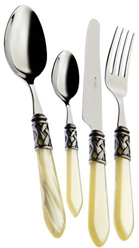 BUGATTI COUVERTS DE TABLE 49 PIECES INOX 18/10 ALADDIN NACRE MANCHE IVOIRE BAGUE ARGENT ANTIQUE