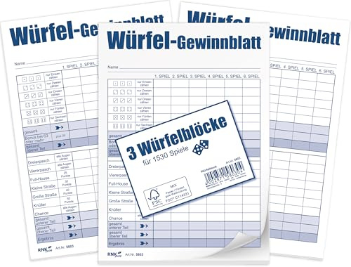 RNKVERLAG Würfelspiel-Gewinnblatt-Block, DIN A6 Format, 3X Blöcke mit je 85 Blatt für insgesamt 1530 Spiele