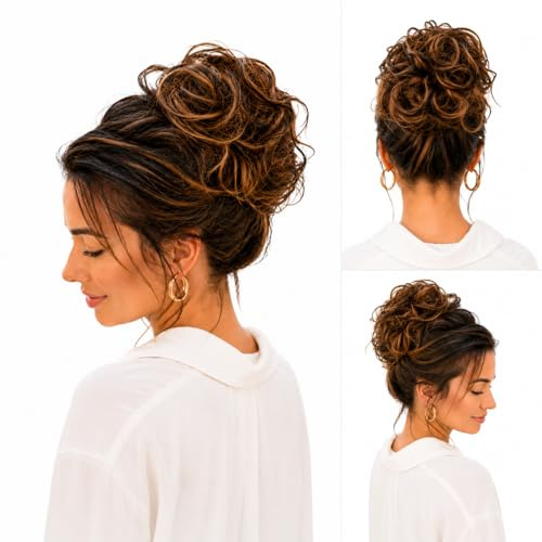 CAISHA 100% ECHTHAAR Haargummi Haarteil Haarverdichtung Schwarz braunH312h | Hochwertige Remi-Chignon-Haarverlängerung, mehrfarbig, gewellt, Volumizer dick, Kunst-Pferdeschwanz, Topknot-Haarbänder
