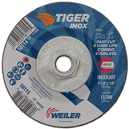 Weiler 58114 4-1/2 x 1/8 Tiger INOX Type 27 Cut and Grind Combo Wheel, INOX30T, 5/8-11 UNC Nut (Pack of 10)