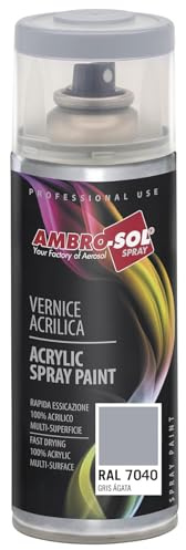 Ambro-Sol V4007040 Smalto Acrilico Multiuso, Vernice Brillante per Interni ed Esterni, Adatto per Qualsiasi Tipo di Materiale, Bomboletta Spray in Banda Stagnata 400 ml, Grigio Agata
