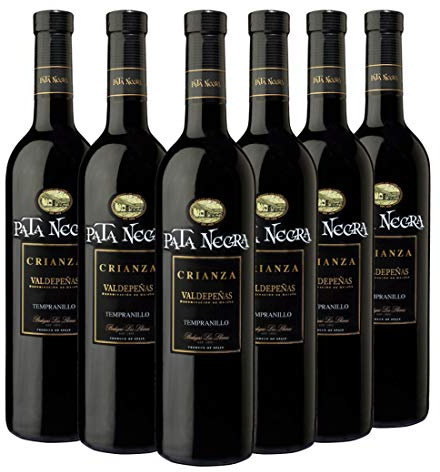Pata Negra Crianza Vino Tinto D.O Valdepeñas, Volumen de Alcohol 12.5% - Pack de 6 Botellas x 75 cl