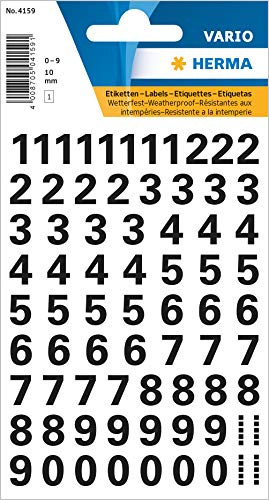 HERMA 4159 Zahlen Aufkleber schwarz 0-9, 71 Stück, Schriftgröße 10 mm, selbstklebend, wetterfest, klein, Nummer Ziffer Klebezahlen Sticker Hausnummern aus Folie zum Aufkleben, transparent