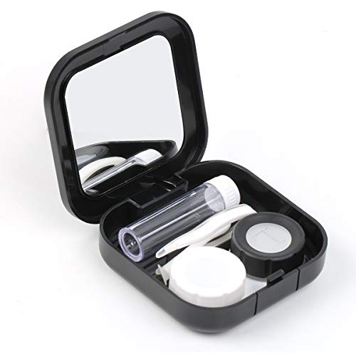 AHIER Portable Contact Lens Case Travel Kit Mirror +bottle + tweezers Container Holder (black)