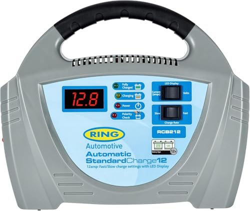 RING 12A Car Battery Charger for Vehicles Up to 3.0L | Compatible with Lead Acid & Gel Batteries, Charges from 1 Volt, Extended Cable Reach, Protection Against Overcharging