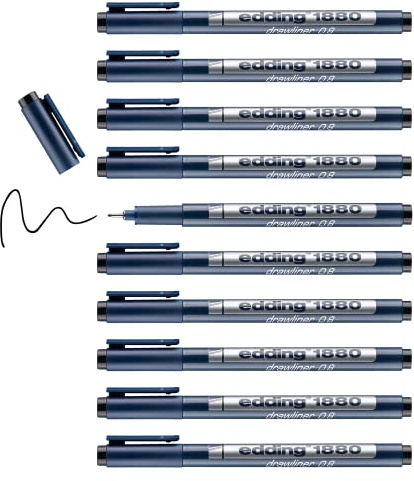 edding 1880 Präzisionsfeinschreiber - schwarz - 10 Stifte - Linienbreite 0,8 mm - Fineliner zum präzisen Schreiben und Skizzieren - feine, metallgefasste Spitze - Lineal- und schablonengeeignet