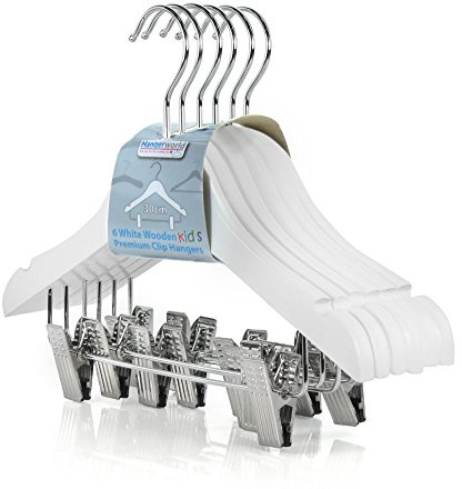 Hangerworld - Set de 12 Perchas de Madera Blanca con Pinzas para Niños - 30cm
