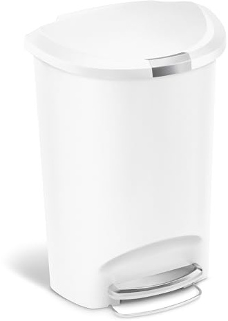 simplehuman CW1356 50L Semi-Round Kitchen Pedal Bin with Lid Lock, Silent Soft Close Lid, Strong Steel Pedal, Large Capacity, White Plastic
