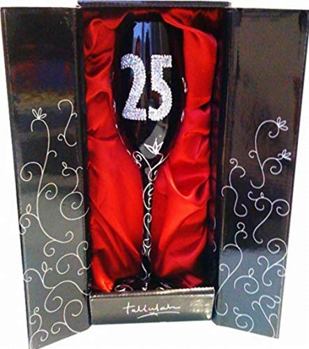 COPA CAVA (CHAMPÁN) PARA REGALO ORIGINAL DE CUMPLEAÑOS, CON LOS NÚMEROS DE LAS EDADES GRABADOS (25 AÑOS NEGRA)