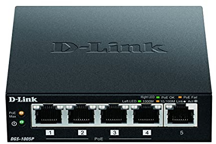 D-Link 5-Port Desktop Gigabit PoE+ Switch, bis zu 30W pro PoE Port, Gesamtleistungsbudget von 60W, grün, kompakt und geräuschlos, Plug & Play schwarz DGS-1005P/B