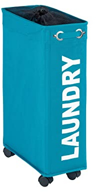 WENKO Wäschesammler Corno Petrol, Stabiler schmaler Wäschekorb mit Vier leichtgängigen Rollen und Deckel, Wäschetruhe aus 100% Polyester, Fassungsvermögen 43 L, (B x H x T): 18,5 x 60 x 40 cm