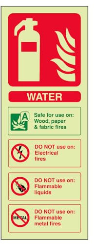 V Safety Glow-in-the-Dark Water Fire Extinguisher Sign – 75×200 mm Rigid Plastic – ISO 7010 Compliant Fire Safety Signage – Photoluminescent Wall Label for Workplace & Building Fire Points