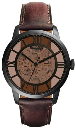 Fossil Men's Watch, Townsman Automatic Stainless Steel and Leather Three-Hand Skeleton Watch for Men, Color: Black, Cognac