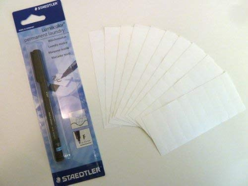 100 Plain White Iron on Name Tapes with Black Permanent Laundry Marker Pen - Name Tag Labels - Ideal for Childrens School Uniform or Nursing/Care Homes