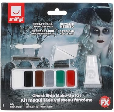 Smiffys Geisterschiff Make-up-Kit, Grüne, weiße, braune, graue und rote Fettfarbe, Schwarzer Fettstift, Pinsel und 2 Schwämme Halloween