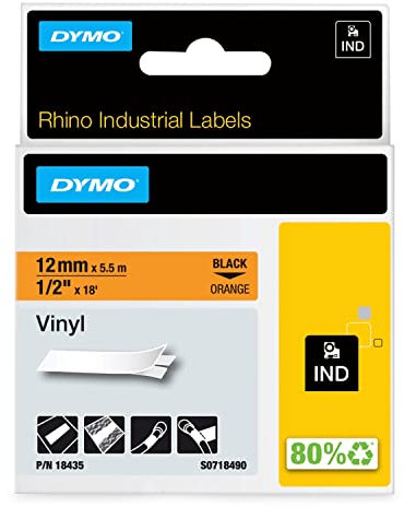 DYMO Rhino-Industrie-Vinyletiketten | 12 mm x 5,5 m | schwarz auf orange | selbstklebendes Schriftband | für DYMO Rhino und LabelManager Beschriftungsgerät