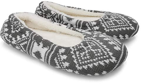 ofoot Womens Indoor Warm Knit House Shoes,Ballerina Slipper Socks,Washable Ballet Style Flats,Soft Soled Non Slip Rubber Bottom with Grips (Grey,US 5-6)