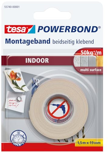 tesa Powerbond INDOOR - Cinta de montaje de doble cara para uso en interiores - fuerte adhesivo en ambas caras, para montaje permanente - 1.5 m