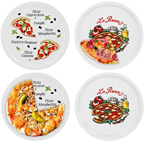Van Well Set of 4 Napoli & Margherita Pizza Plates Large 30.5 cm Porcelain Plates with Beautiful Motif for Pizza/Pasta, the 'Great Hunger' or for Serving