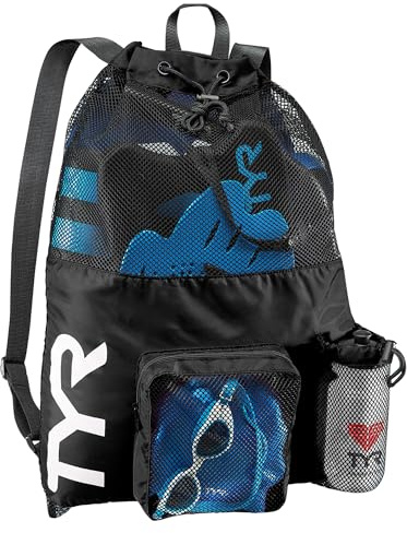 TYR Big Mesh Mummy Backpack for Swim, Gym and Workout Gear, Black, 40-Liter Capacity