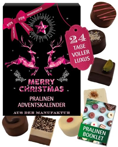 Hallingers Genuss Manufaktur Pralinen Adventskalender - ohne Alkohol, handmade aus Confiserie-Edelkakao in wertigem Softfeel-Karton Pinke Elche, Weihnachtskalender für Frauen Freundin