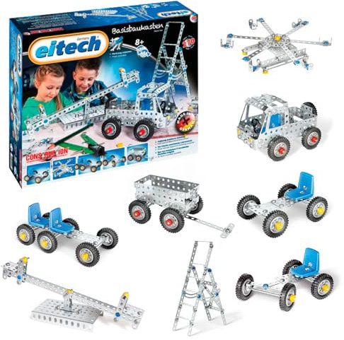eitech 00006 Metallbaukasten - Basisbaukasten, Bastelspaß mit 8 Modellen, Modellbau für Kinder ab 8 Jahren, Konstruktionsspielzeug für Mädchen und Jungen, Montessori Baukasten