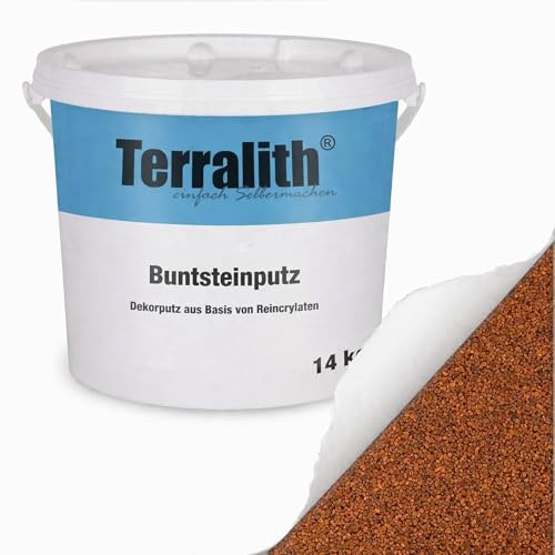 Terralith Buntsteinputz 14kg in orange-ocker, Sockelputz für Innen und Außen mit Reinacrylat Bindemittel aus Naturstein, 1-2mm Körnung (BSP25)