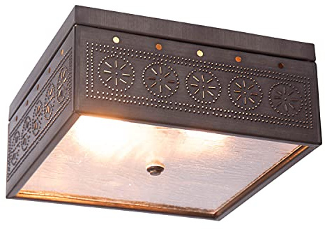 Irvin's Tinware, 431CKB, 2 Light Flush Mount Square Ceiling Light with Chisel in Kettle Black, Primitive Country Tin Lighting