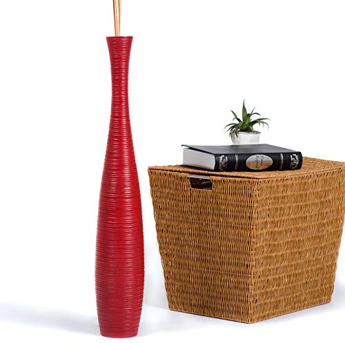 Leewadee Große Deko Bodenvase Für Dekozweige, Hohe Standvase Für Pampasgras, Design Holzvase, 65 cm, Rot