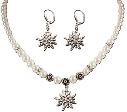 Alpenflüstern Trachtenschmuck-Set Perlen-Trachtenkette und Trachten-Ohrhänger Strass-Edelweiß - Damen-Trachten-Schmuck, Trachtenset Dirndl-Kette und Trachten-Ohrringe weiß SET005