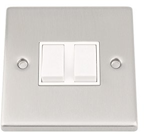 Light Switch 2 Gang - Satin Matt Chrome - Square - White Insert Plastic Switch - 10 Amp Double 2 Gang 2 Way