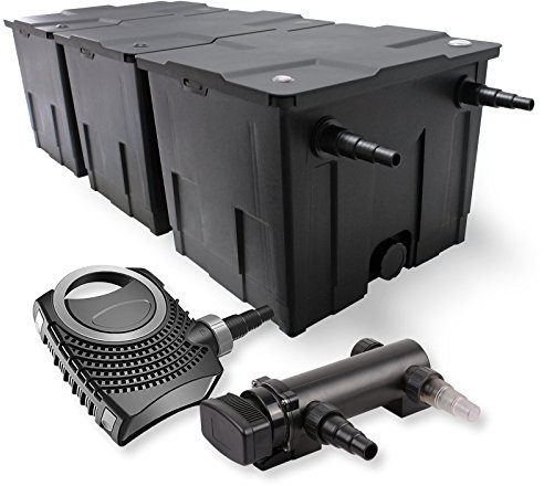 SunSun Komplettset: CBF-350C Teichfilter bis 90000 L Teichfilteranlage als Durchlauffilter, NEO7000 SuperEco Teichpumpe 7000l/h 50W, CUV-318 Teichklärer UVC Klärer mit 18W