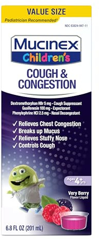 Mucinex Children’s Cough & Congestion, Multi-Symptom Relief, Cough Suppressant, Expectorant, Nasal Decongestant, Very Berry Flavor, 6.8 FL OZ