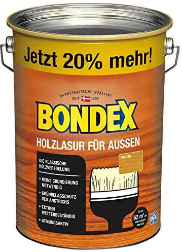 Bondex Holzlasur für Außen Kiefer 4,8 L für 62 m² | Hoher Wetter- und UV-Schutz | Natürliches Abwittern - kein Abplatzen | seidenmatt | Holzschutzlasur | Holzlasur
