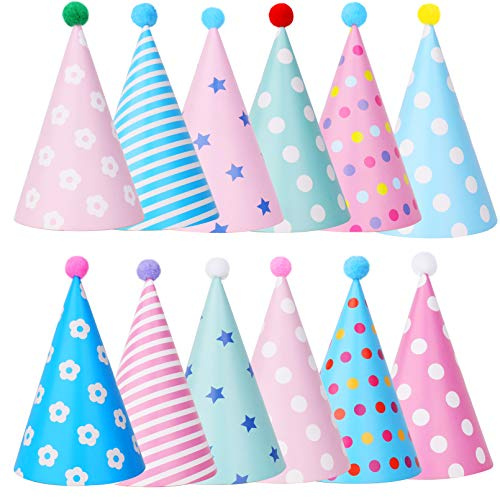 Beurio Birthday Party Hats for Kids and Adults, 12 Pack 8.4 Inch Large Cone Hats with Pom Poms, Pastel Paper Party Caps for Classroom, Toddlers and Large Stuffed Animals, Macaron Colors