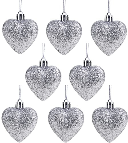 Christmas Concepts® Pack of 8-60mm (2.4) Heart Shaped Christmas Tree Baubles – Glitter Decorated Baubles (Silver)